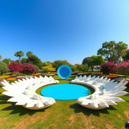 An enchanting outdoor scene featuring two outstretched wings, each measuring 20 meters long, elegantly spread across the ground, with their soft feathers ingeniously designed as seating areas for people