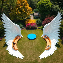 An enchanting outdoor scene featuring two outstretched wings, each measuring 20 meters long, elegantly spread across the ground, with their soft feathers ingeniously designed as seating areas for people