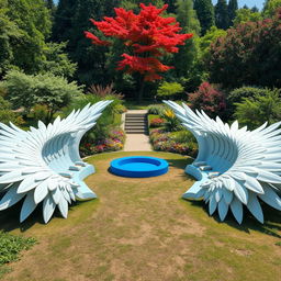 An enchanting outdoor scene featuring two outstretched wings, each measuring 20 meters long, elegantly spread across the ground, with their soft feathers ingeniously designed as seating areas for people