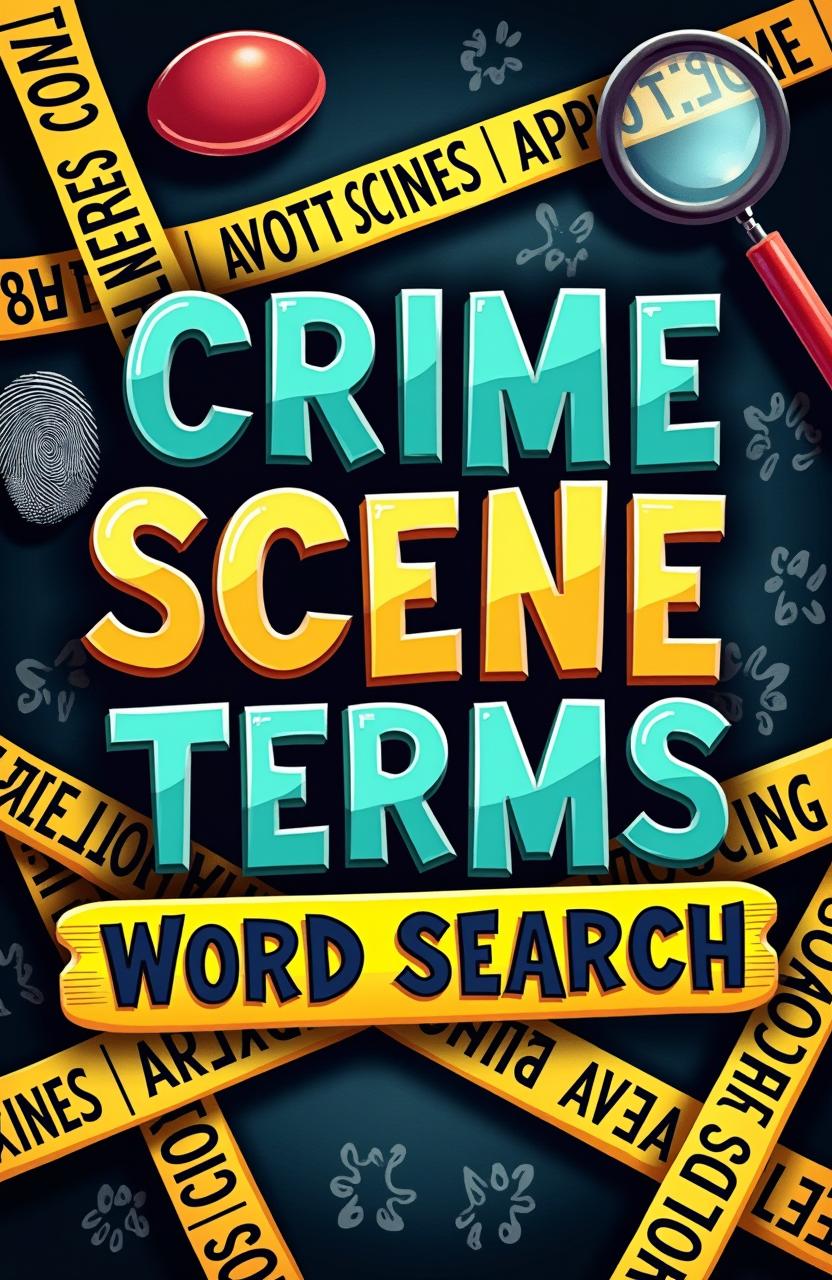 A book cover design for a word search puzzle book titled "Crime Scene Terms Word Search"