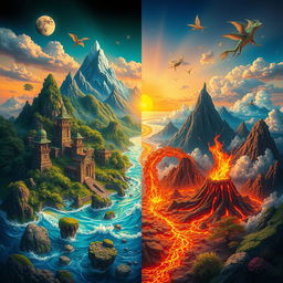A vibrant fantasy landscape inspired by elemental forces, showcasing four distinct regions representing Earth, Water, Fire, and Air