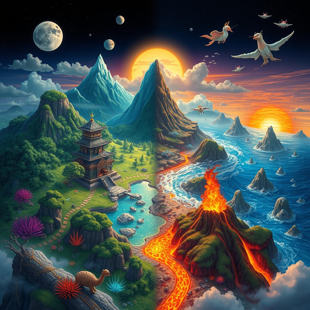 A vibrant fantasy landscape inspired by elemental forces, showcasing four distinct regions representing Earth, Water, Fire, and Air