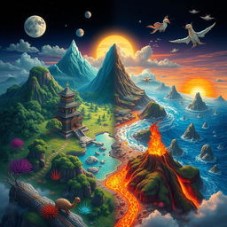 A vibrant fantasy landscape inspired by elemental forces, showcasing four distinct regions representing Earth, Water, Fire, and Air