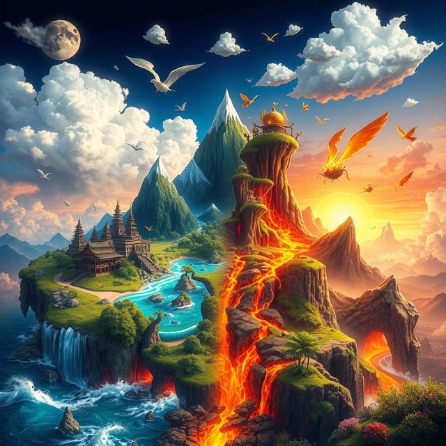 A vibrant fantasy landscape inspired by elemental forces, showcasing four distinct regions representing Earth, Water, Fire, and Air