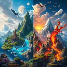 A vibrant fantasy landscape inspired by elemental forces, showcasing four distinct regions representing Earth, Water, Fire, and Air