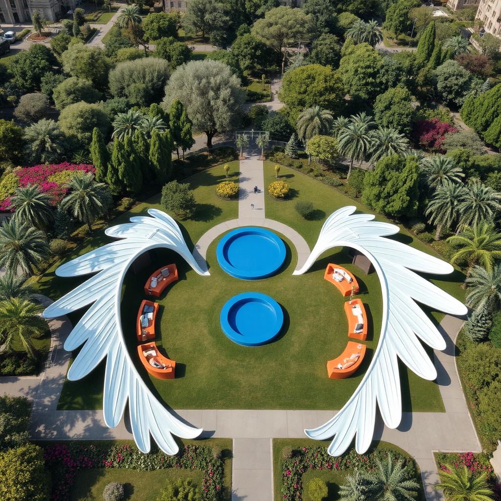 A stunning design featuring two outstretched wings, each measuring 20 meters in length, elegantly spread across the ground