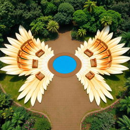 A visually captivating scene featuring two outstretched wings, each measuring 20 meters in length, spread gracefully across the ground