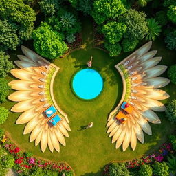A visually captivating scene featuring two outstretched wings, each measuring 20 meters in length, spread gracefully across the ground