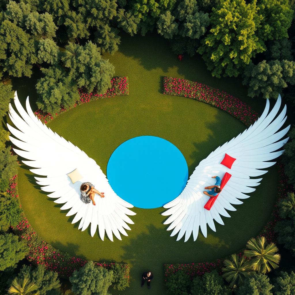 A visually captivating scene featuring two outstretched wings, each measuring 20 meters in length, spread gracefully across the ground