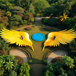 A visually captivating scene featuring two outstretched wings, each measuring 20 meters in length, spread gracefully across the ground
