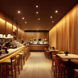 Interior design of a 10m x 10m coffee shop with a customer seating hall, comfortable furnishings, warm lighting, and a tastefully designed coffee bar.