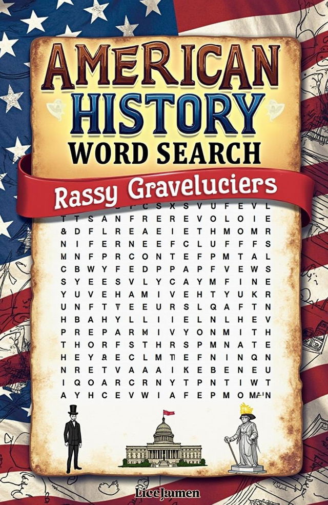 A vibrant and engaging book cover design for 'American History Word Search'