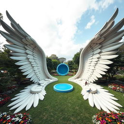 A captivating outdoor scene featuring two enormous outstretched wings, each 20 meters long, gracefully spread across the ground, with their soft feathers designed as comfortable seating areas for people