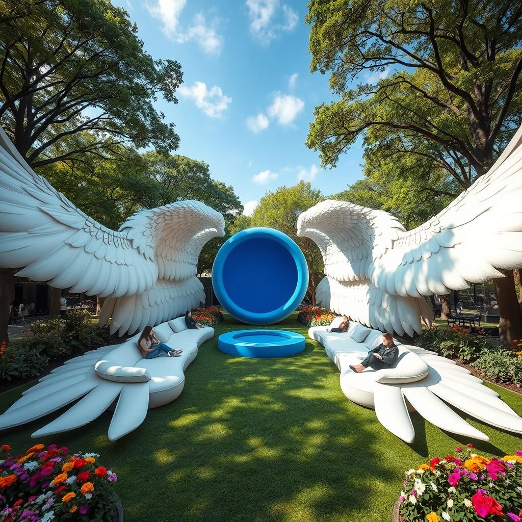 A captivating outdoor scene featuring two enormous outstretched wings, each 20 meters long, gracefully spread across the ground, with their soft feathers designed as comfortable seating areas for people