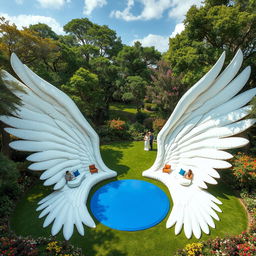 A captivating outdoor scene featuring two enormous outstretched wings, each 20 meters long, gracefully spread across the ground, with their soft feathers designed as comfortable seating areas for people