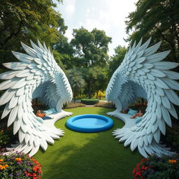 A captivating outdoor scene featuring two enormous outstretched wings, each 20 meters long, gracefully spread across the ground, with their soft feathers designed as comfortable seating areas for people