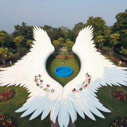 A stunning outdoor scene featuring two huge outstretched wings, each 20 meters long, elegantly spread across the ground with their soft feathers artistically arranged to function as seating areas for people