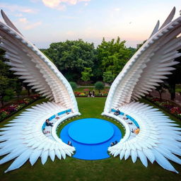 A stunning outdoor scene featuring two huge outstretched wings, each 20 meters long, elegantly spread across the ground with their soft feathers artistically arranged to function as seating areas for people