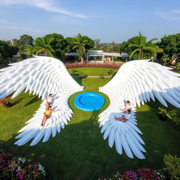 A stunning outdoor scene featuring two huge outstretched wings, each 20 meters long, elegantly spread across the ground with their soft feathers artistically arranged to function as seating areas for people