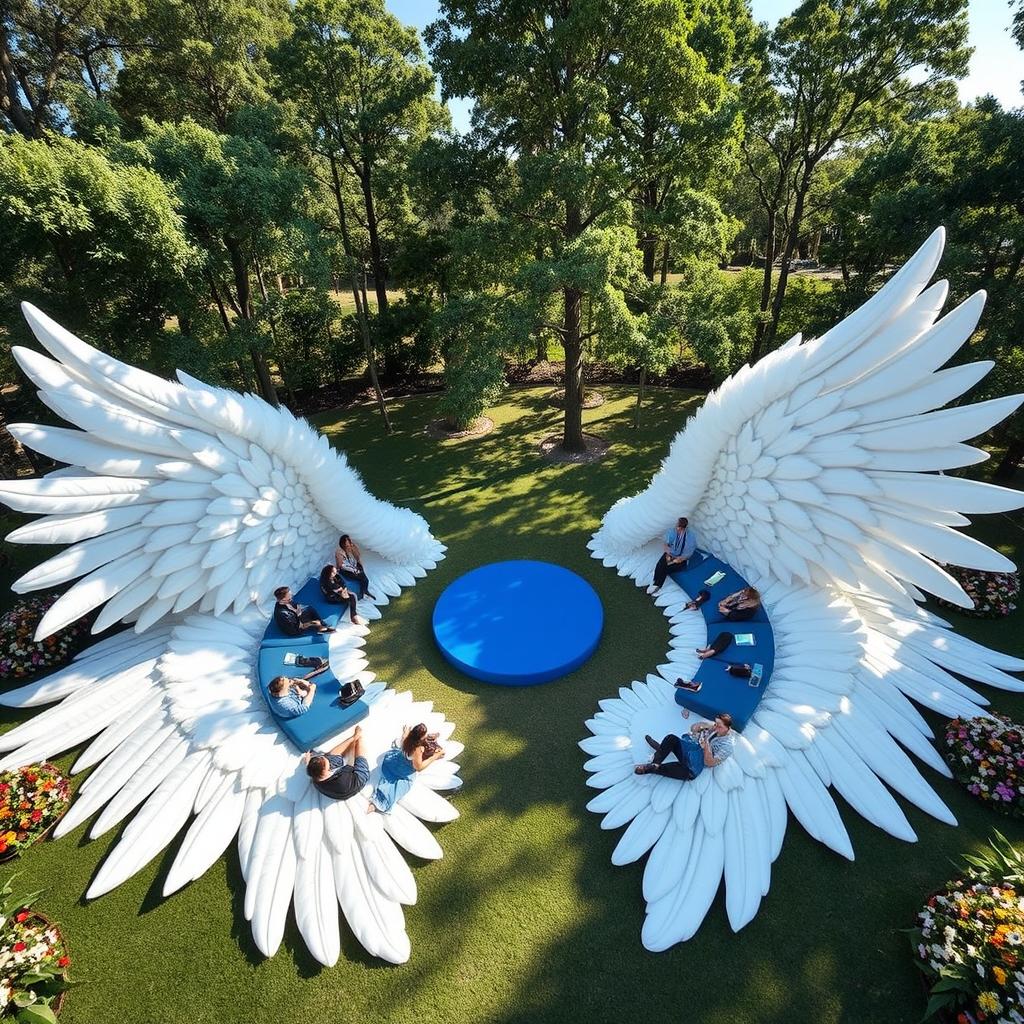 A stunning outdoor scene featuring two huge outstretched wings, each 20 meters long, elegantly spread across the ground with their soft feathers artistically arranged to function as seating areas for people