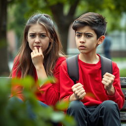 An image depicting two young university students, a girl and a boy, visibly expressing anxiety and stress
