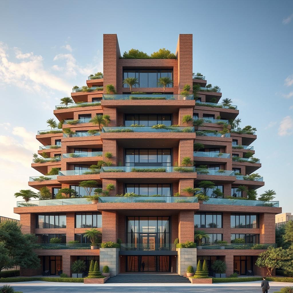 A stunning and eye-catching 20-story building designed in a modern architectural style, inspired by nature and ancient Persian architecture