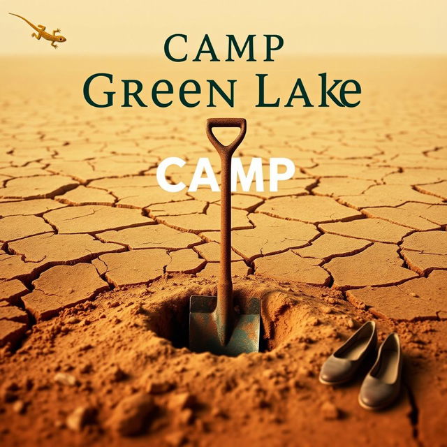 A visually striking title slide design featuring a desert-themed background depicting cracked, dry soil to reflect the harsh setting of Camp Green Lake