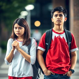 An image portraying two young university students, a girl and a boy, both exhibiting signs of anxiety and stress