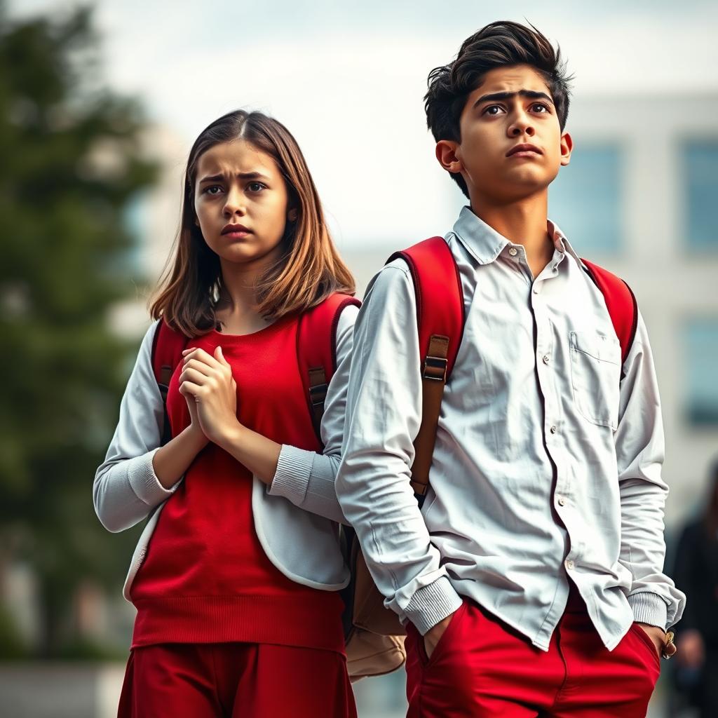 An image portraying two young university students, a girl and a boy, both exhibiting signs of anxiety and stress