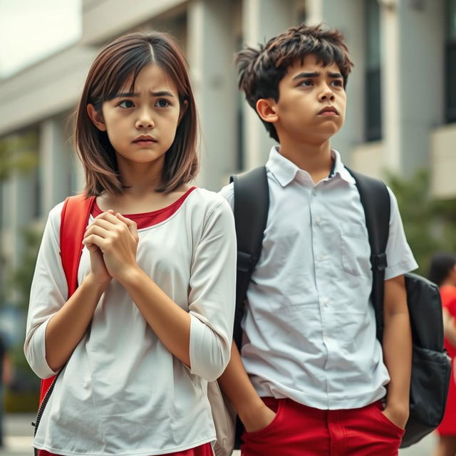 An image portraying two young university students, a girl and a boy, both exhibiting signs of anxiety and stress