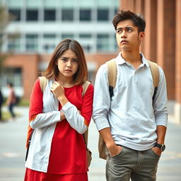 An image portraying two young university students, a girl and a boy, both exhibiting signs of anxiety and stress