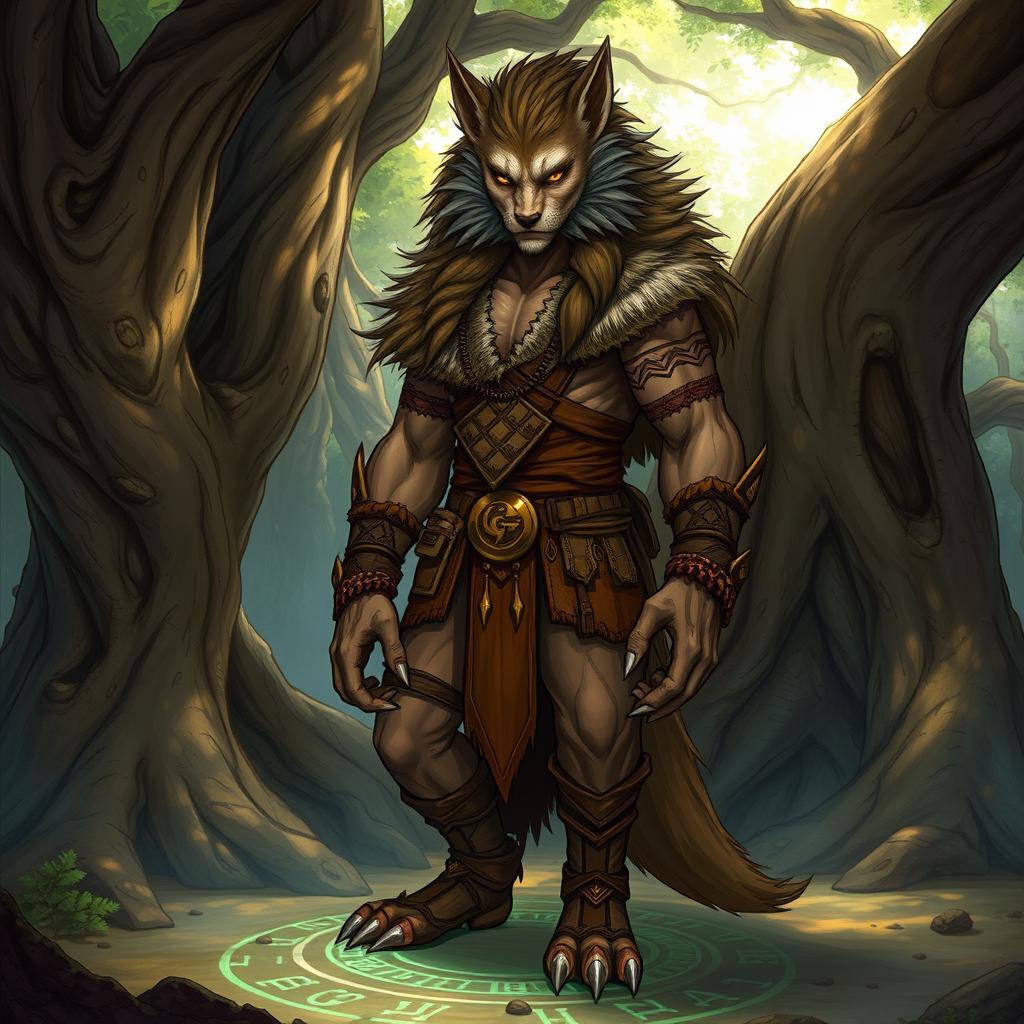 A detailed illustration of a Dungeons & Dragons Shifter, a humanoid creature with wolf-like features, standing in a mystical forest setting