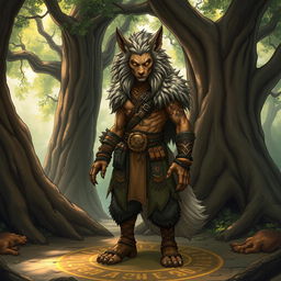 A detailed illustration of a Dungeons & Dragons Shifter, a humanoid creature with wolf-like features, standing in a mystical forest setting
