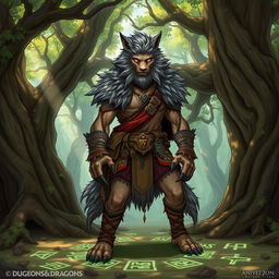 A detailed illustration of a Dungeons & Dragons Shifter, a humanoid creature with wolf-like features, standing in a mystical forest setting