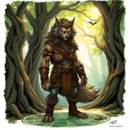 A detailed illustration of a Dungeons & Dragons Shifter, a humanoid creature with wolf-like features, standing in a mystical forest setting