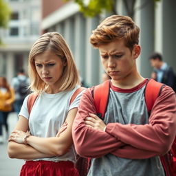 An image depicting two young Caucasian university students, a girl and a boy, both showing signs of anxiety and stress