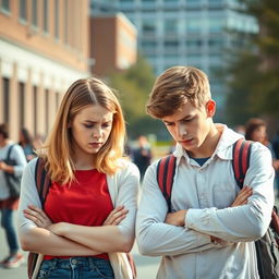 An image depicting two young Caucasian university students, a girl and a boy, both showing signs of anxiety and stress