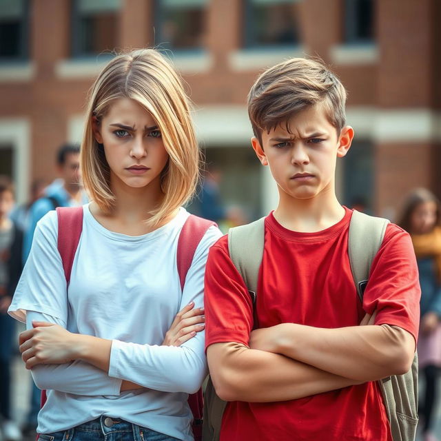 An image depicting two young Caucasian university students, a girl and a boy, both showing signs of anxiety and stress