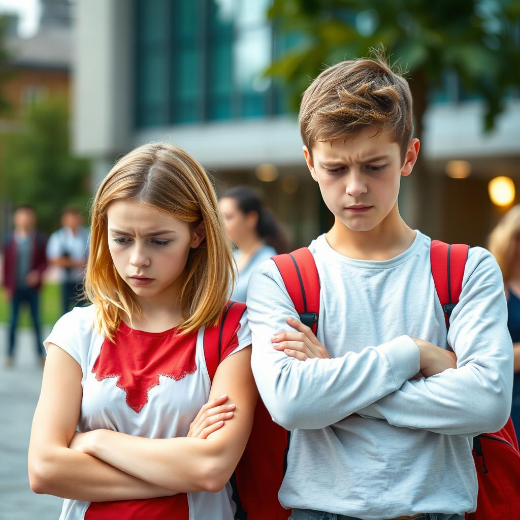 An image depicting two young Caucasian university students, a girl and a boy, both showing signs of anxiety and stress