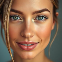 A close-up portrait of a confident woman with a warm, even skin tone that matches her face perfectly