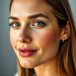 A close-up portrait of a confident woman with a warm, even skin tone that matches her face perfectly