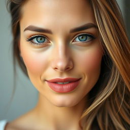 A close-up portrait of a confident woman with a warm, even skin tone that matches her face perfectly