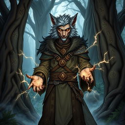 A captivating illustration of a Dungeons & Dragons Shifter Mage, showcasing a humanoid with distinct wolf-like features, standing confidently in a magical forest