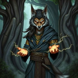 A captivating illustration of a Dungeons & Dragons Shifter Mage, showcasing a humanoid with distinct wolf-like features, standing confidently in a magical forest