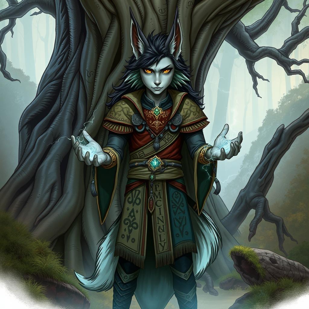A captivating illustration of a Dungeons & Dragons Shifter Mage, showcasing a humanoid with distinct wolf-like features, standing confidently in a magical forest