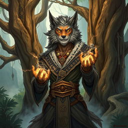 A captivating illustration of a Dungeons & Dragons Shifter Mage, showcasing a humanoid with distinct wolf-like features, standing confidently in a magical forest