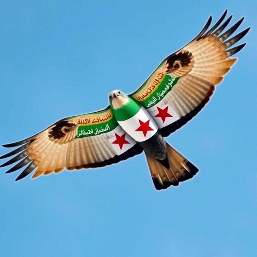 A detailed image of a Shaheen falcon soaring majestically in the blue sky, with the Syrian revolution flag beautifully drawn on its wings