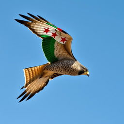 A detailed image of a Shaheen falcon soaring majestically in the blue sky, with the Syrian revolution flag beautifully drawn on its wings
