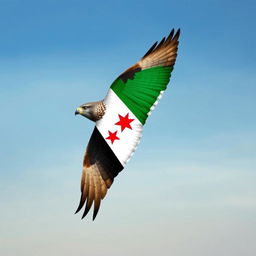 A detailed image of a Shaheen falcon soaring majestically in the blue sky, with the Syrian revolution flag beautifully drawn on its wings