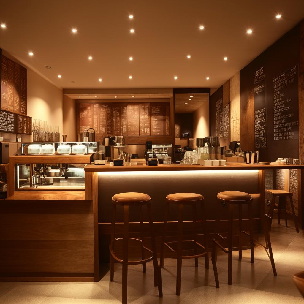 Interior design of a 10m x 10m coffee shop with a customer seating hall, comfortable furnishings, warm lighting, and a tastefully designed coffee bar.